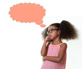 Cute african american small girl thinking - Isolated on white with a thought balloon