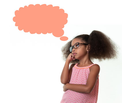 Cute African American Small Girl Thinking - Isolated On White With A Thought Balloon