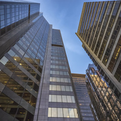 Fasades of skyscrapers in the Financial District of  Toronto from below at sunset