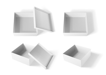 Whirte paper box mockup, realistic empty open box set. Vector illustration.