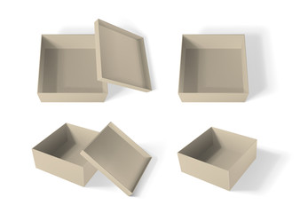 Brown paper box mockup, realistic empty open box set. Vector illustration.