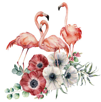 Watercolor flamingo with anemone bouquet. Hand painted exotic birds with flowers, eucalyptus leaves and branch isolated on white background. Wildlife illustration for design, print or background. © yuliya_derbisheva