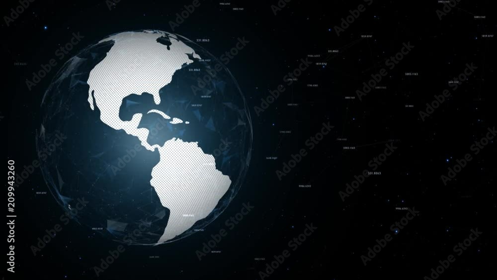 Poster futuristic spinning earth planet with network numbers background. view from space.