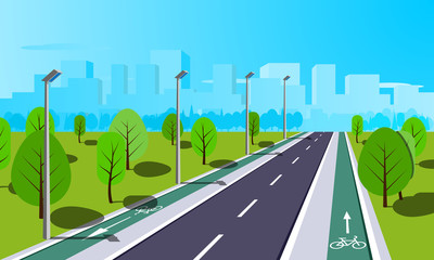 Straight empty road through the countryside with bike lane. Summer landscape vector illustration.