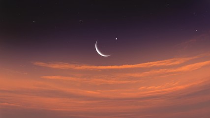 Obraz na płótnie Canvas Crescent moon with Stars . Crescent moon with beautiful sunset background . Generous Ramadan 