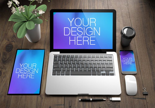 Top View of Devices on Wooden Desk Mockup