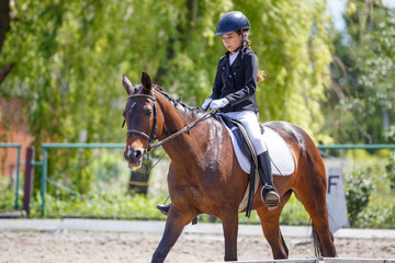 Teenage girl riding bay horse performing dressage test on equestrian competition