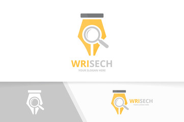 Vector pen and loupe logo combination. Write and magnifying symbol or icon. Unique law and search logotype design template.