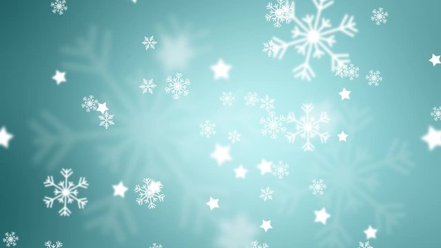 Conceptual silver blue colored blurry snowflakes and stars slow motion background. 