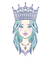 Hand drawn cute queen with blue hair, vector illustration.