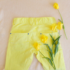 Five yellow tulips on yellow unisex jeans. Flat lay. Fashion spring concept