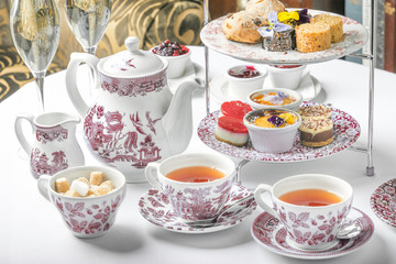 old school style tea at five afternoon service sandwich set cake sweet traditional table hotel...