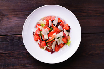 Healthy fresh grapefruit and tomato salad, healthy food, original recipe, seasonal meals, restaurant menu