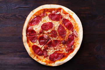 Pepperoni pizza, traditional Italian recipe, delicious mediterranean meals. Food delivery, restaurant, pizzeria menu concept