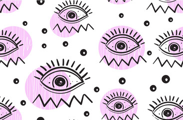 Hand drawn eyes with pink circle  seamless pattern.