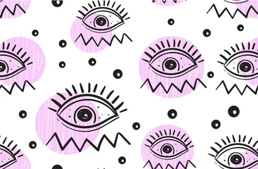 Behang Ogen Hand getrokken ogen met roze cirkel naadloos patroon.