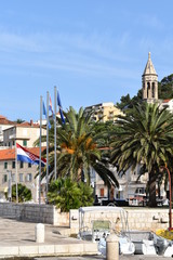 Water taxi boats anchored by cobblestone narrow streets in the main square of Hvar old town await holiday makers Croatian islands in the Adriatic Sea are best known as European summer family resorts