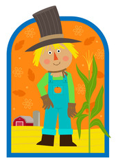 Autumn Scarecrow - Cute cartoon scarecrow standing in a field with a barn in the background. Eps10