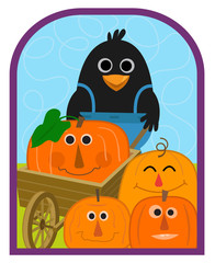 Crow With Pumpkins - Cute crow holds a wheelbarrow and stands with a group of smiling pumpkins. Eps10