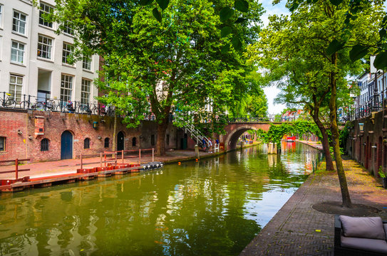 Traditional houses on the Oudegracht (Old Canal) in center of Utrecht, Netherlands