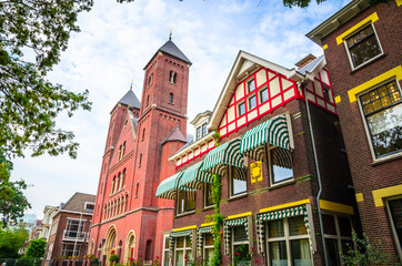 Old church and traditional buildings in Utrecht, Netherlands.