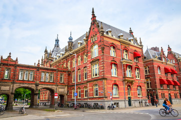 Traditional old street and buildings  in Utrecht, Netherlands.