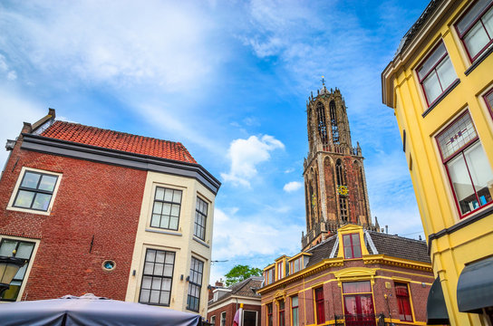 Traditional old buildings and tower of the Dom cathedral in Utrecht, Netherlands.
