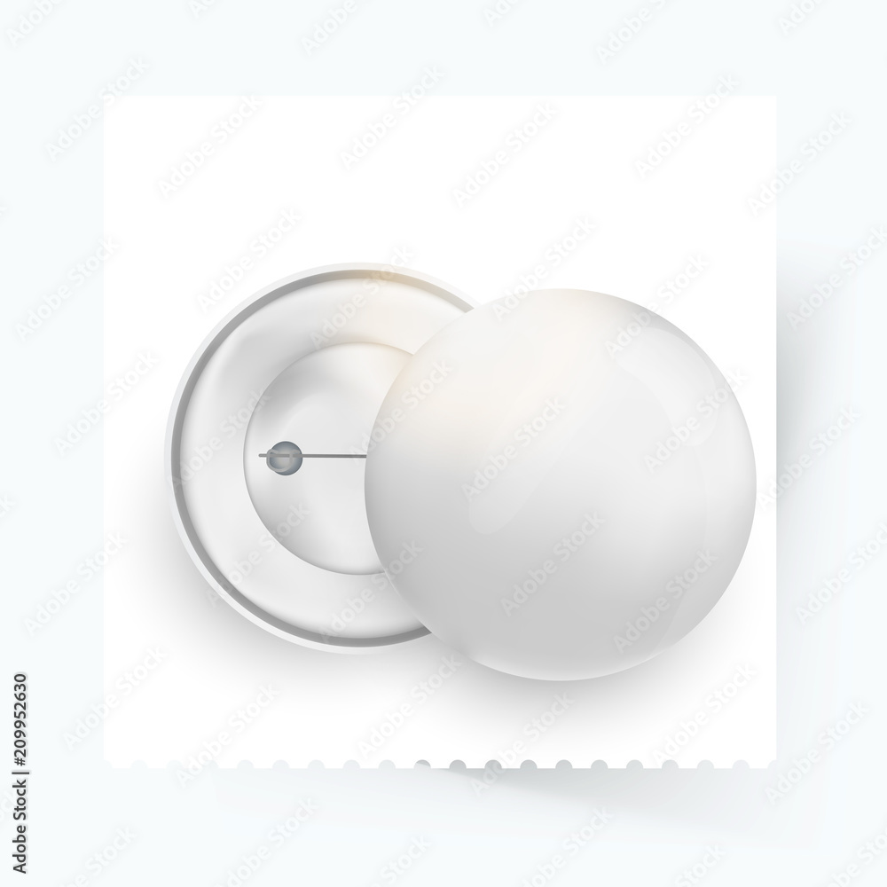 Poster realistic mock up pin buttons. white badge pin isolated on light background with shadow. vector illu