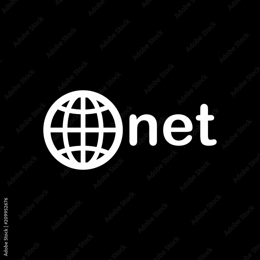 Poster one of main domains, globe and net. white icon on black backgrou