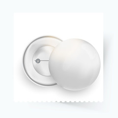 Realistic Mock up pin buttons. White badge pin isolated on light background with shadow. Vector illustration EPS10