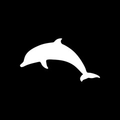silhouette of dolphin. White icon on black background. Inversion