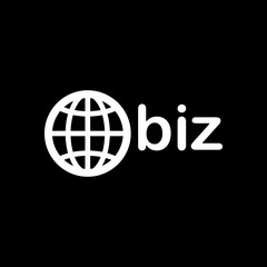 domain for business, globe and biz. White icon on black backgrou