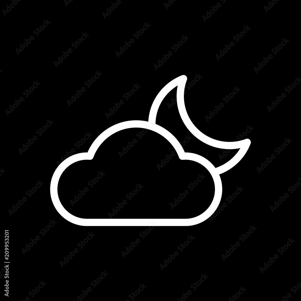 Poster Mostly cloudy at night. Simple linear icon with thin outline. Wh