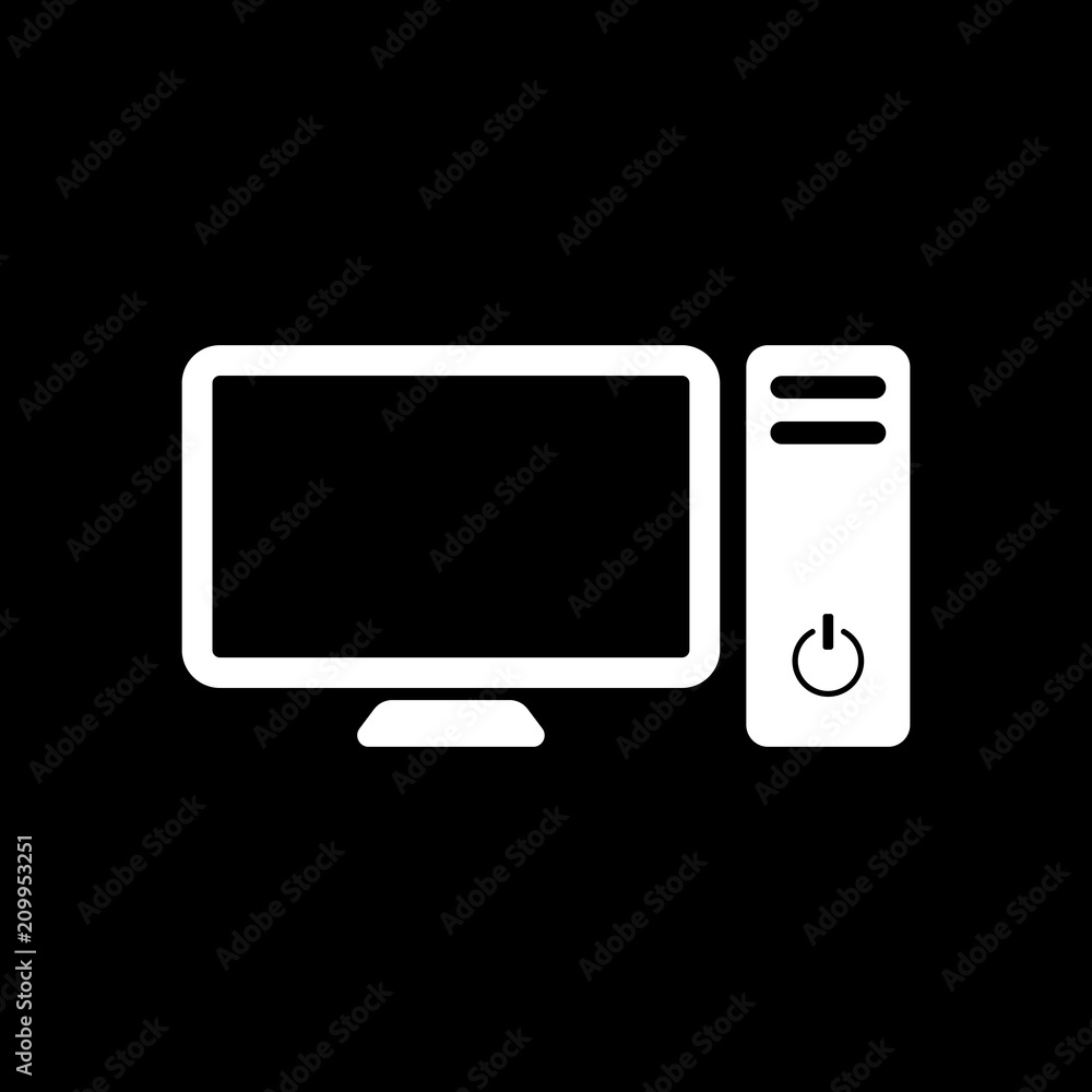Poster personal computer, pc. system unit and monitor. white icon on bl