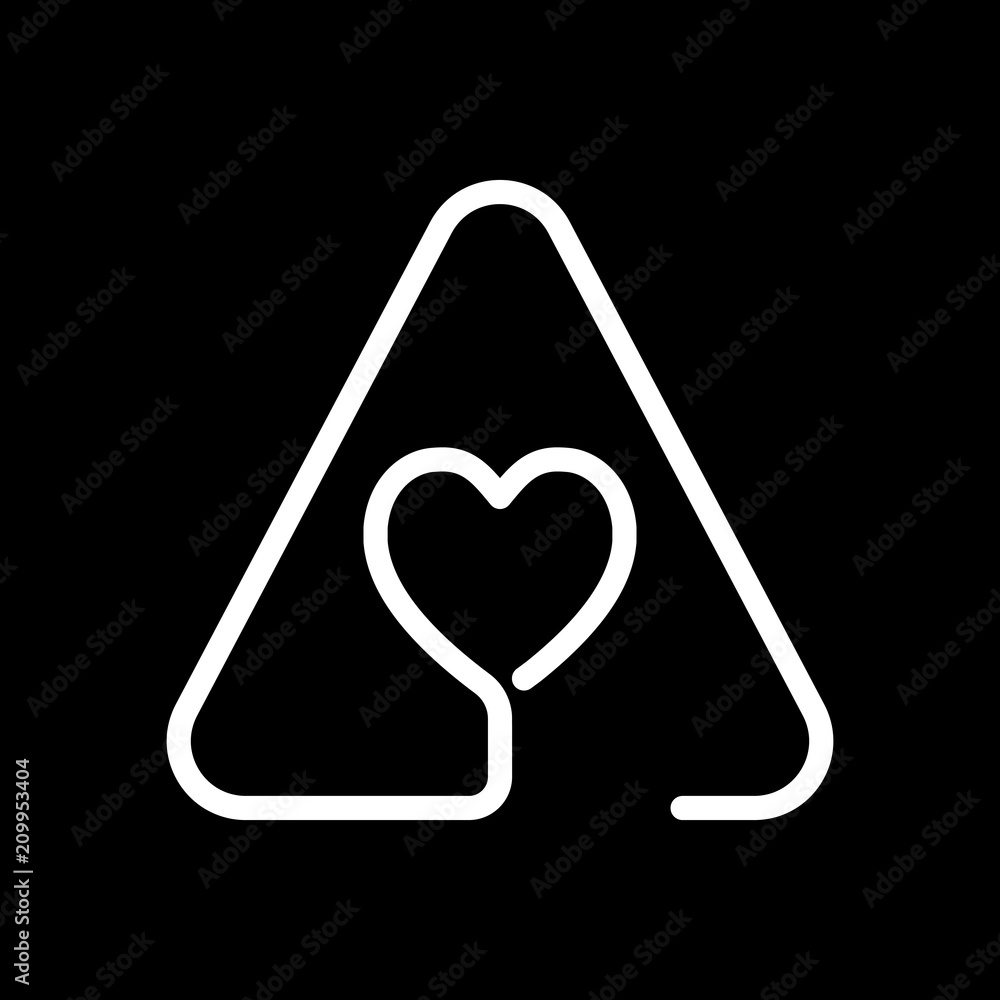 Poster heart in warning triangle. linear icon with thin outline. one li