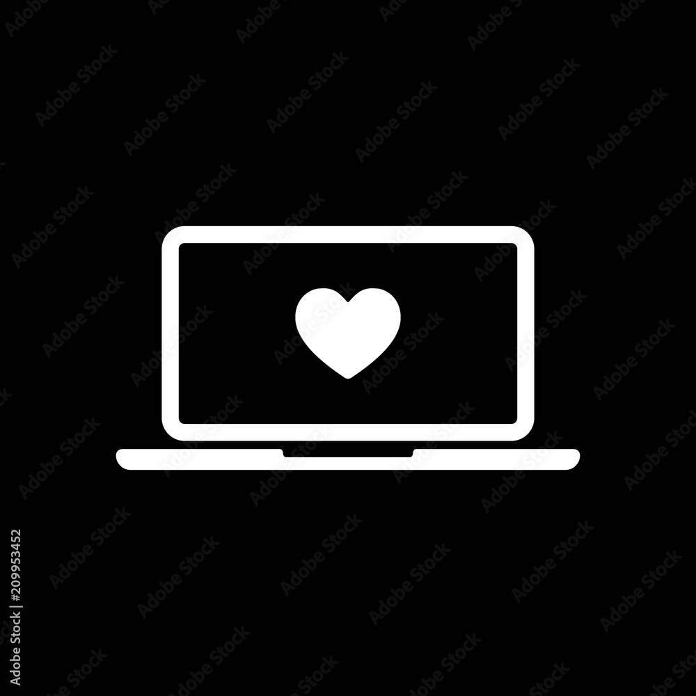 Poster laptop or notebook computer with heart on screen. simple icon. w