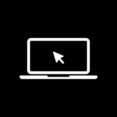 Laptop or notebook with arrow on screen. White icon on black bac