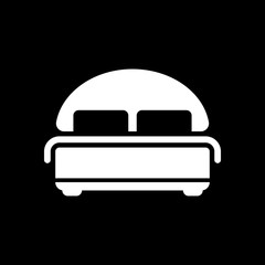 Silhouette of double bed. Double hotel room. White icon on black