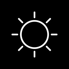 Sun icon. Linear, thin outline. White icon on black background.