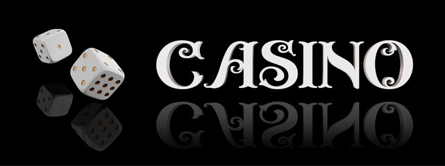 Top view of Casino sign and poker dice on black background. Online casino wide banner with casino game and place for text. Gambling 3d vector concept