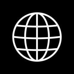 Simple globe icon. Linear, thin outline. White icon on black bac