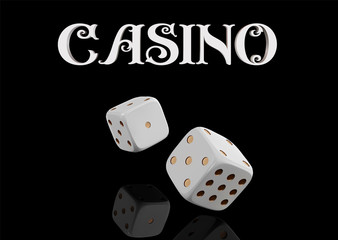 Top view of Casino sign and poker dice on black background. Online casino wide banner with casino game and place for text. Gambling 3d vector concept