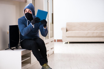 Man burglar stealing tv set from house - obrazy, fototapety, plakaty