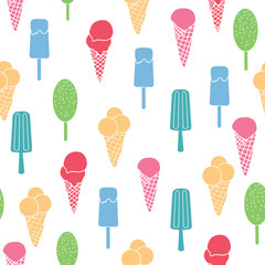 Fun ice cream and stars seamless pattern. Great for yummy summer dessert wallpaper, backgrounds, packaging, fabric, scrapbooking, and giftwrap projects. Surface pattern design.