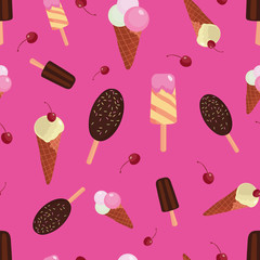 Pink fun ice cream and cherries seamless pattern. Great for yummy summer dessert wallpaper, backgrounds, packaging, fabric, scrapbooking, and giftwrap projects. Surface pattern design.