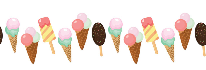 Ice cream and cherries horizontal seamless border. Great for yummy summer dessert wallpaper, backgrounds, packaging, fabric, scrapbooking, and giftwrap projects. Surface pattern design.