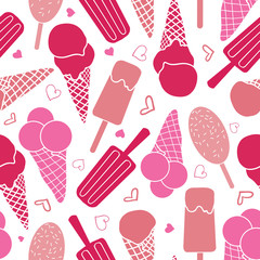 Pink ice cream and stars seamless pattern. Great for yummy summer dessert wallpaper, backgrounds, packaging, fabric, scrapbooking, and giftwrap projects. Surface pattern design.