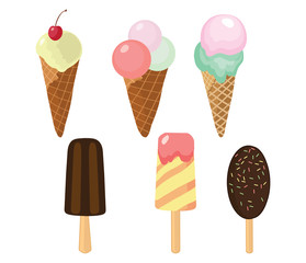 Set of cute ice cream vector icons. Great for yummy summer dessertbackgrounds, packaging, scrapbooking projects.