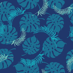 Tropical blue leaves seamless repeat pattern. Great for summer exotic wallpaper, backgrounds, packaging, fabric, and giftwrap projects. Surface pattern design.
