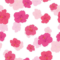 Pink hibiscus flowers seamless repeat pattern. Great for summer exotic wallpaper, backgrounds, packaging, fabric, and giftwrap projects. Surface pattern design.